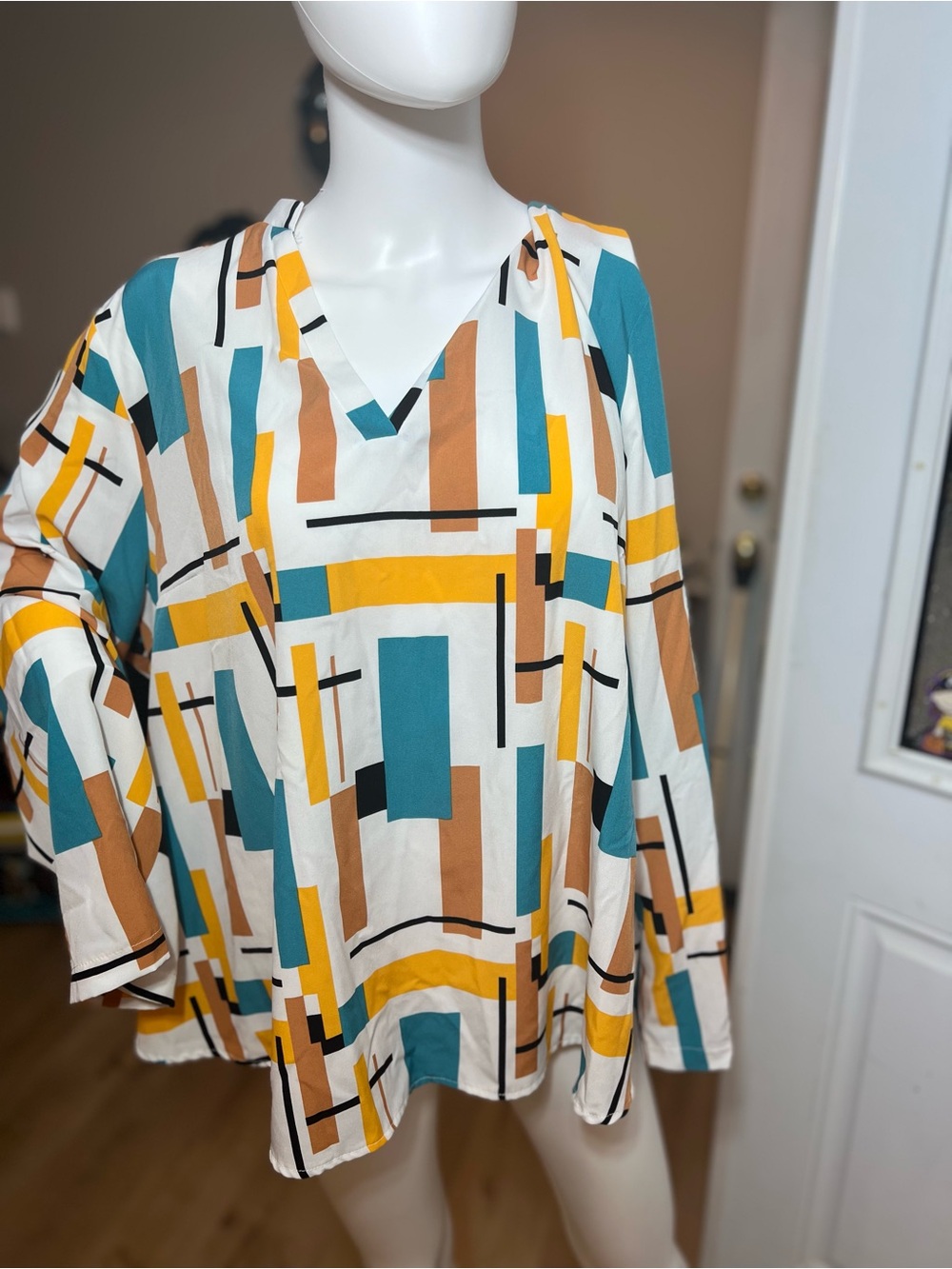 SHEIN Geometric V-Neck Tunic in Teal, Mustard & Brown